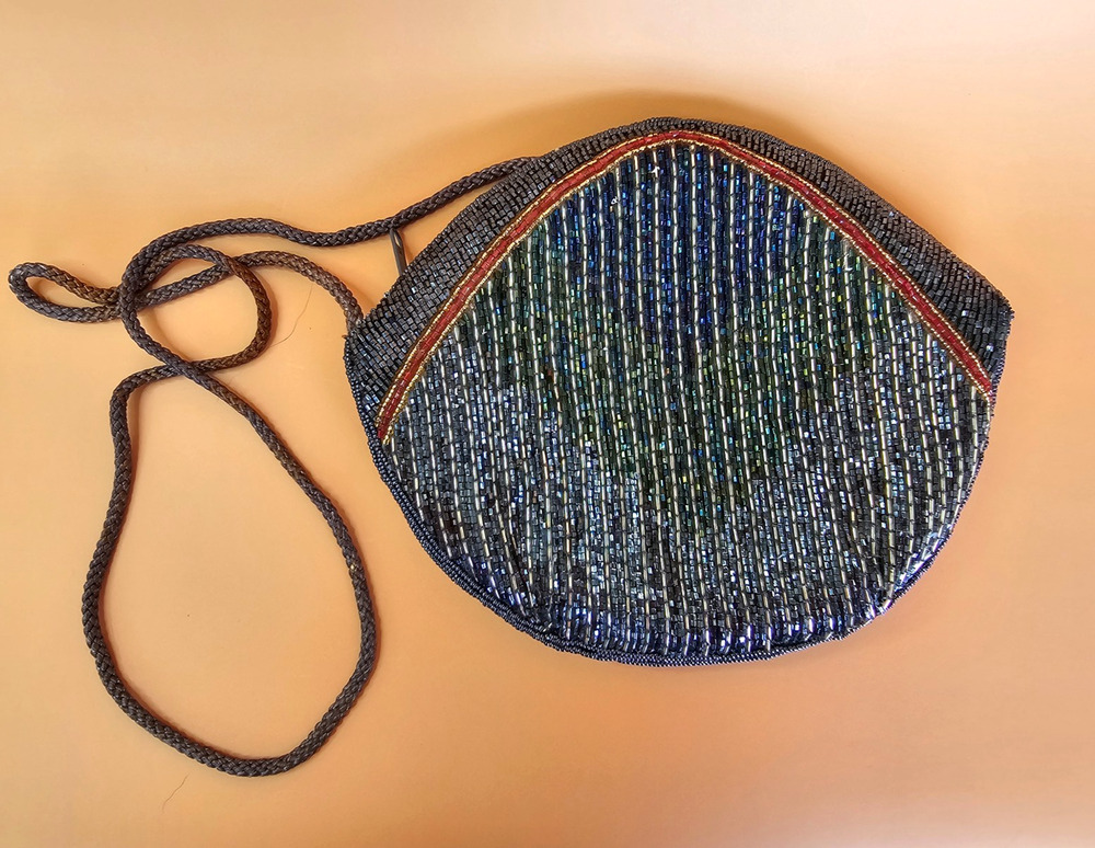Vtg 90s Handmade Iridescent Beaded Evening Clutch Bag Black Gold AB Shimmer